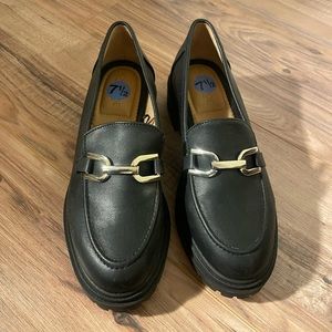 Rachel Zoe Black Loafers with Gold Buckle Sz 7.5